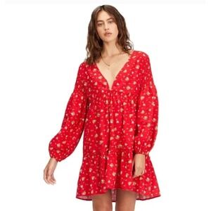 Billabong X Wrangler Red Tiered Boho Cottagecore Prairie Milkmaid Western‎ Dress